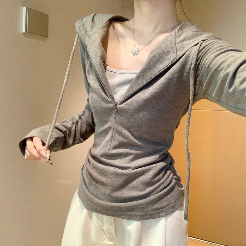 Miu Gray Fake Two-Piece Hooded Long-Sleeved T-Shirt for Women Early Autumn and Winter Design Half-Zip Slim Bottoming Shirt Top