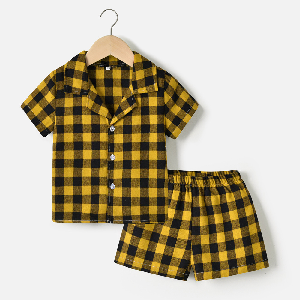 2024 comercio exterior ropa para niños y niñas rebeca de manga corta a cuadros con solapa de verano pantalones cortos elástico pijamas kids de dos piezas