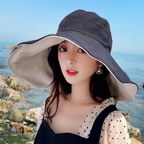 Women's summer solid color, large eaves, double-sided fisherman's hat, all-matching outdoor sunshade hat, foldable travel, sun-protection hat, trendy