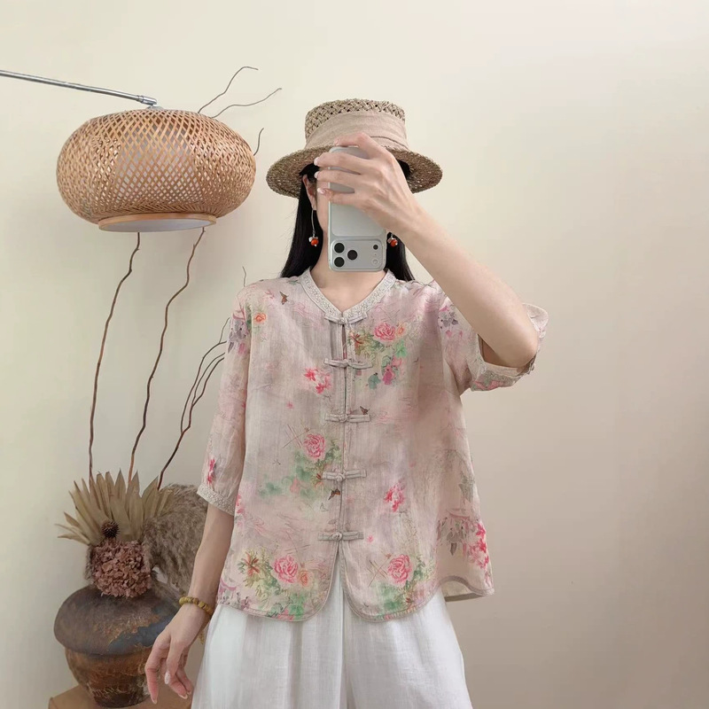 New Chinese-Style Ramie Printed Mid-Sleeve Blouse for Women, Summer Retro Improved National Style Shirt with Button Embroidery New Chinese-Style Ramie Printed Mid-Sleeve Blouse for Women, Summer Retro Improved National Style Shirt with Button Embroidery