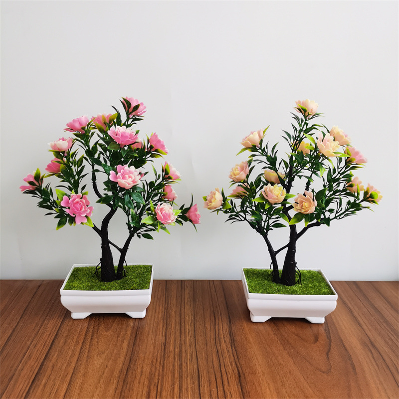 Simulação de planta bonsai simulação de flor rosa flor artificial plástico vaso interior casa decoração desktop árvore da fortuna ornamentos_voghion.com
