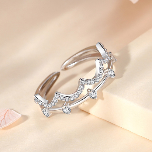 S925 silver double-layer crown women's ring European and American cross-border wave ring women's full diamond Amazon live mouth inlaid zircon jewelry