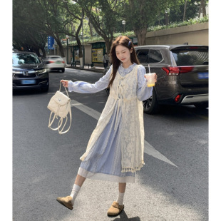 plus size Spring New Arrival Pastoral Style Plaid Long Sleeve Stitching Lace suit Cardigan Tassel Vacation dress