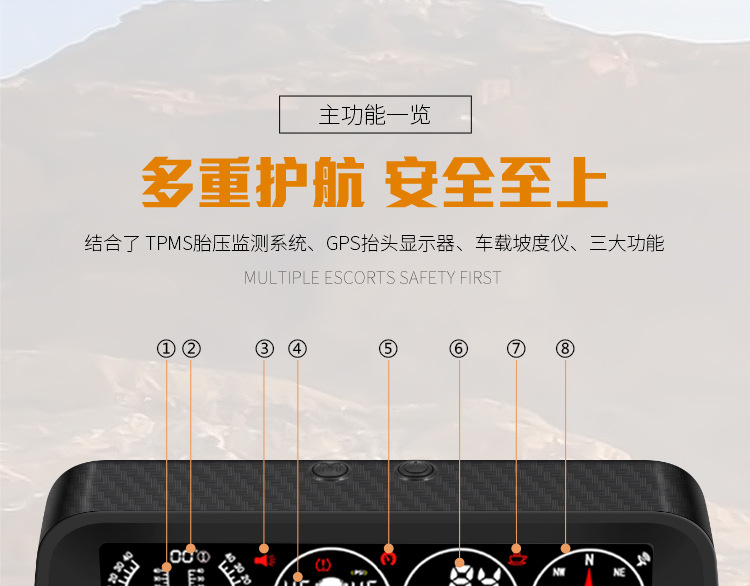 Car Hud Head-Up Display Tire Pressure Monitoring Internal and External Altitude Gps Speed Slope Voltage Compass High-Definition Display