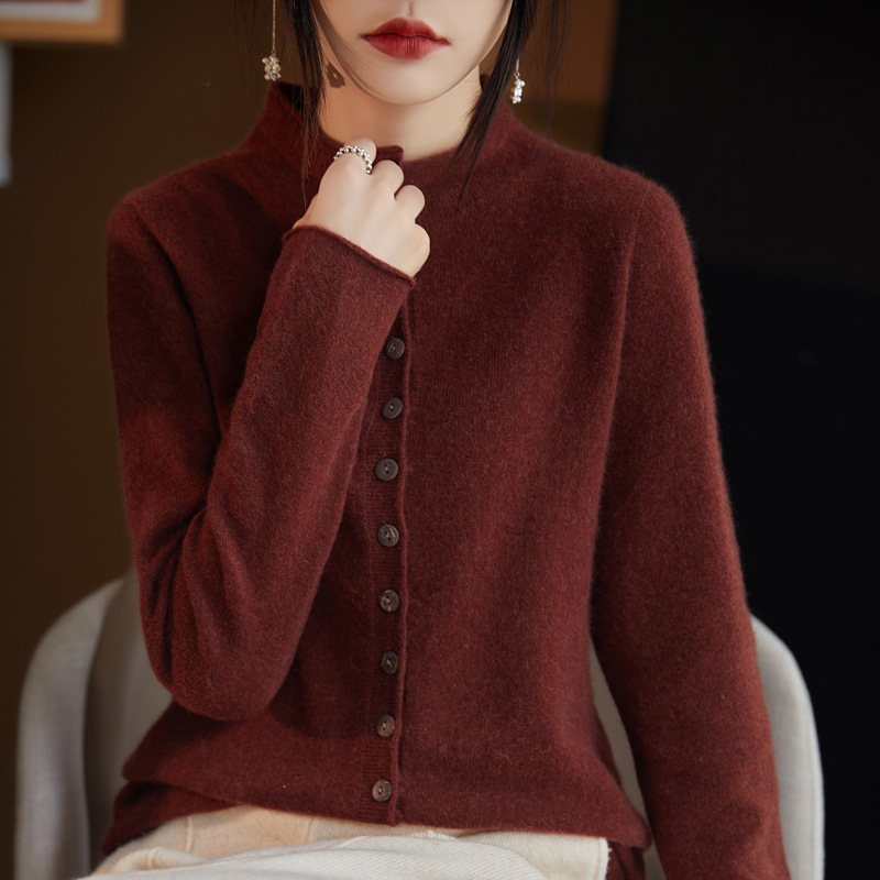 100 wool autumn and winter new collar curl line ready-to-wear cardigan women's loose knitted long sleeve cashmere coat