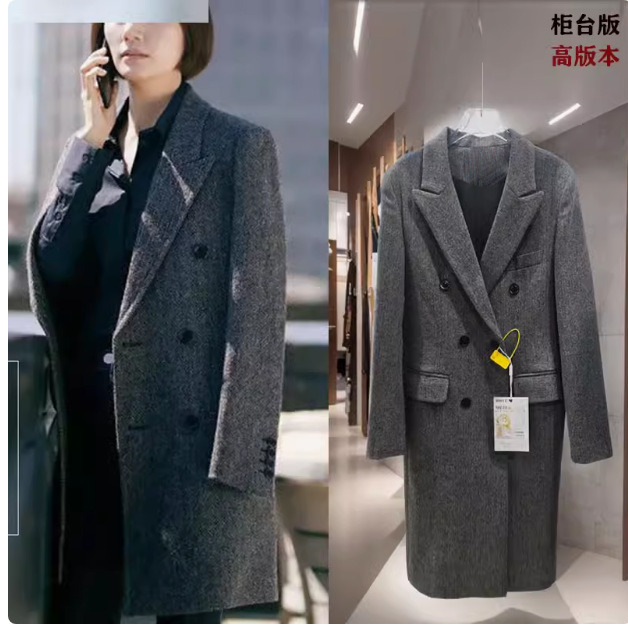 预售玫瑰袁同款设计感西服小个子人字纹羊毛呢灰西装女|undefined