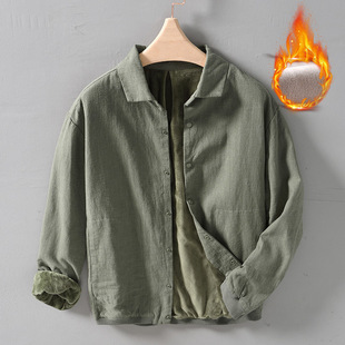 Autumn and Winter Vintage Casual Warm Ramie fleece-lined Jacket Men's plus size Loose Youth All-match Cotton and Linen Jacket