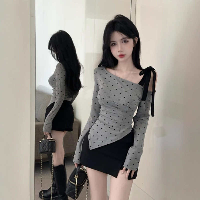 Pure Spice Girl Design Sense Grey Wave Dot Shoulder T-Shirt Women's Autumn Irregular Base Chic Long-Sleeved Shoulder Shoulder Top