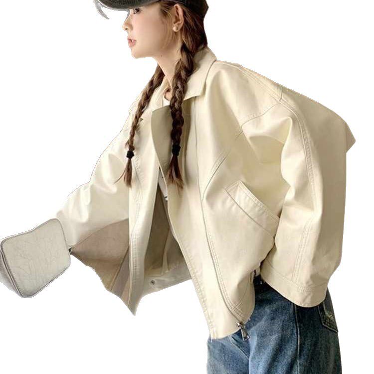 Áo khoác da nữ dáng ngắn cổ vest tay dài phong cách xe máy — Màu trắng nhạt [chất lượng cao]