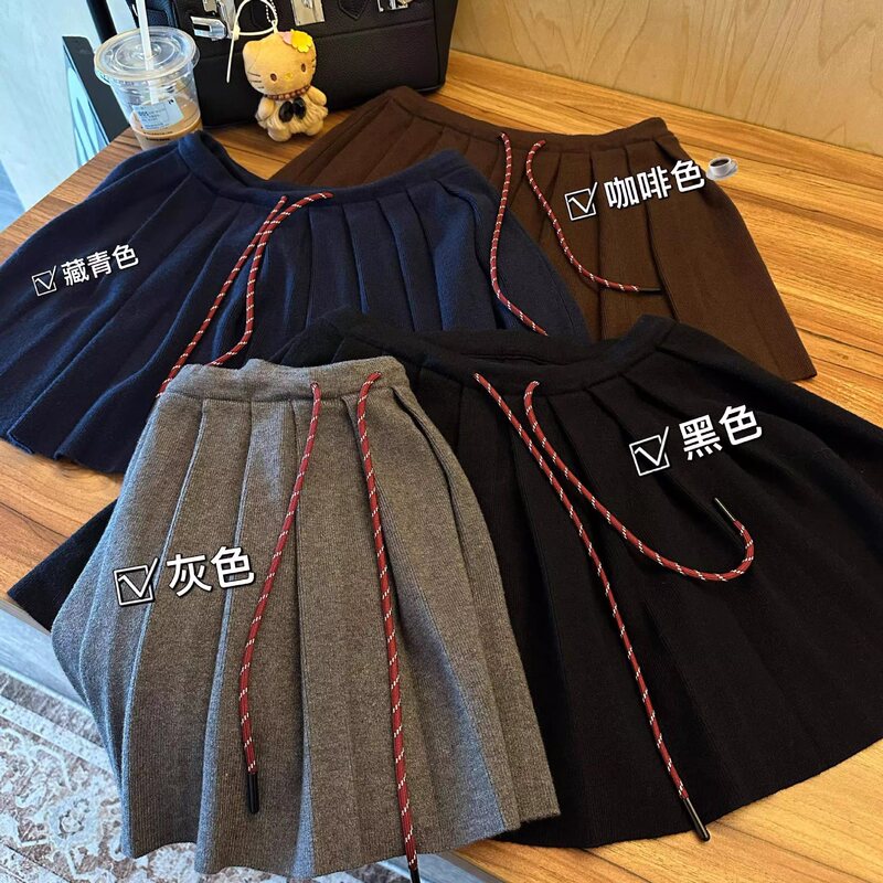 Miu Style Preppy Drawstring A-Line Knitted Pleated Skirt for Women Spring High-Waisted Skirt Autumn and Winter