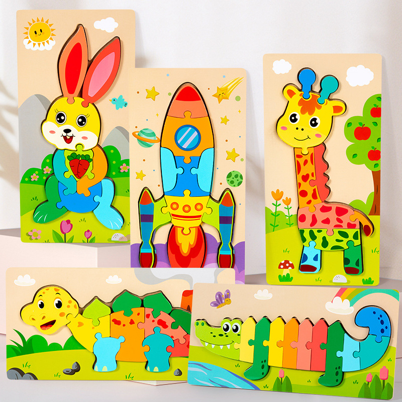 Cross-Border Children's Wooden 3D Snap-On Three-Dimensional Puzzle Baby Early Education Educational Animal Transportation Wooden Toys Wholesale
