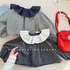 春秋季女宝宝可爱荷叶边翻领娃娃衫女童韩版森系泡泡袖格子衬衫