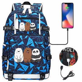 新款卡通可爱三贱熊印花USB青少年学生书包男女休闲旅行双肩背包