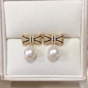 Korean Style Natural Freshwater Pearl Earrings Women's 18K Bag Gold Light Luxury High-grade Micro-inlaid Zircon Bow Pearl Earrings