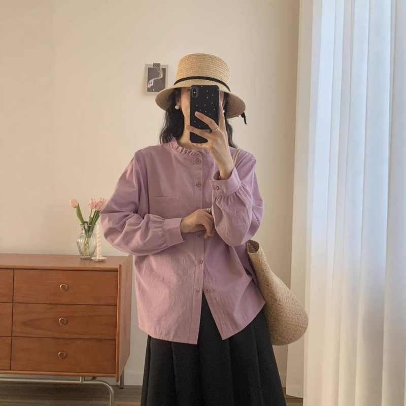 2026 "Lace Collar" Spring Korean Style Simple Retro Versatile Loose Slimming Solid Color Long Sleeve Shirt for Women