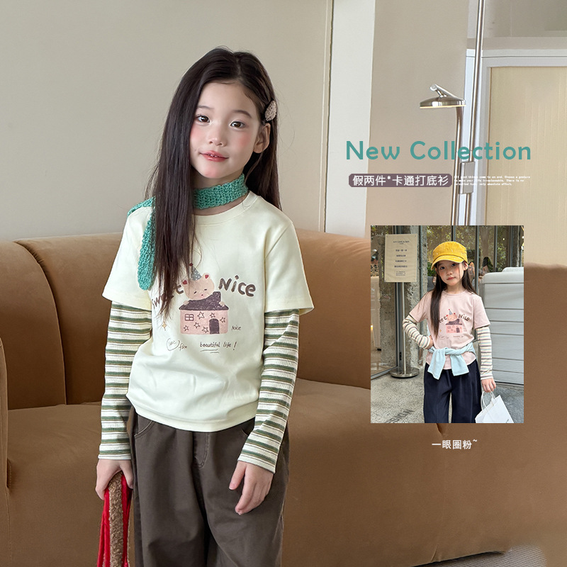Aimobebe girls' two-piece striped long-sleeve T-shirt, cartoon print patchwork base layer, Korean style top for older children