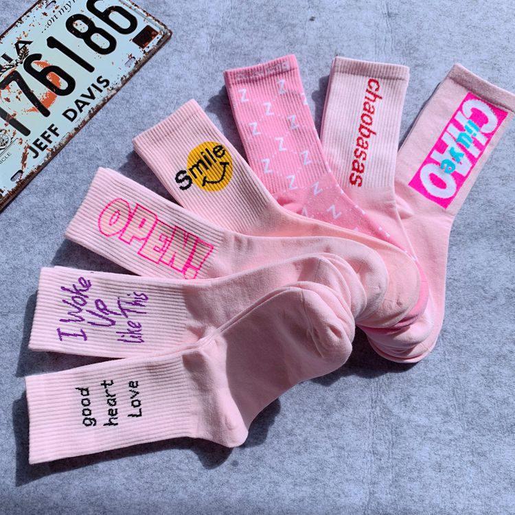 Pink Trendy ins Cyber Popular Socks for Men and Women Japanese Style College Style European and American Style Street Style Couples Skateboard Long Cotton Socks