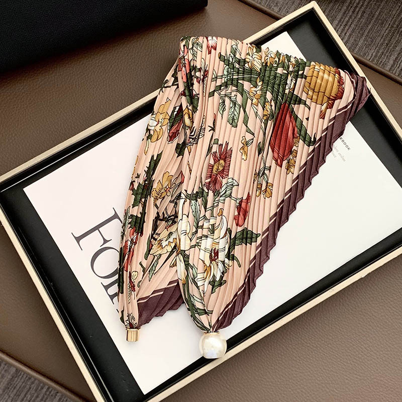 Hebilla de succión magnética collar de perlas bufanda de seda larga y estrecha bufanda de cuello femenino con camisa bufanda fina bufanda de seda plisada bufanda