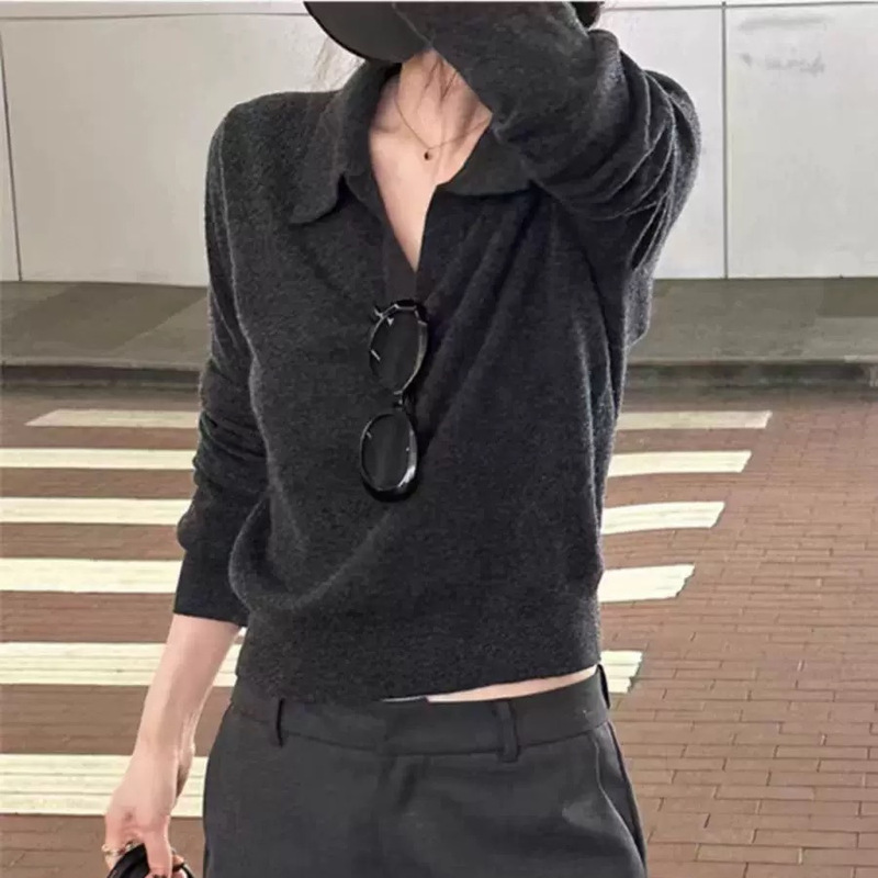 Autumn and Winter New Tencel Wool Knitwear Polo Shirt Women's Pure Color Old Money Style Inner Slim Bottoming Long-Sleeved Top