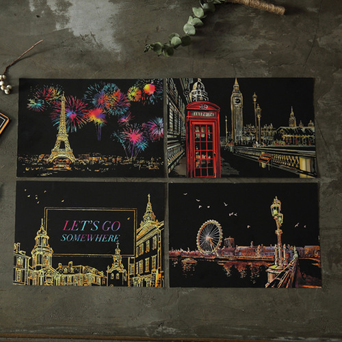Small colorful city night scene scratch-off painting 4-piece postcard style scratch-off painting set cross-border creative birthday gift