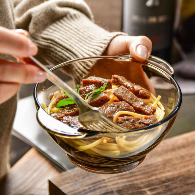 茶色玻璃碗饭碗甜品碗沙拉碗双耳汤碗面碗家用耐热餐具泡面碗代发|ru