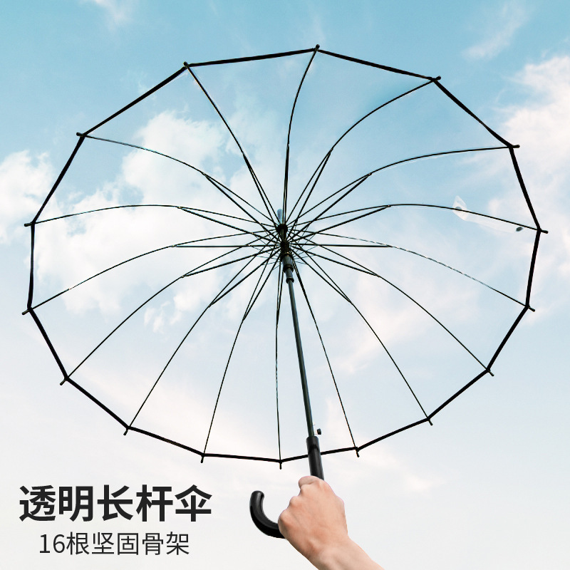 Wholesale Atmospheric 16-Bone Long-Handled Transparent Large Self-Opening Wear-Resistant Umbrella Reinforced Wind-Resistant Double Couple Umbrella
