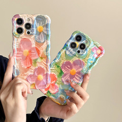 波浪邊IMD適用iPhone15pro手機殼藍光亮面四瓣花11/12/13女款軟殼