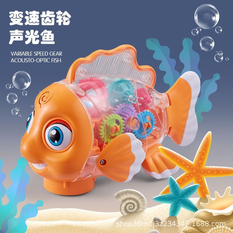 Engranaje transparente eléctrico oscilante juguetes de peces para niños y niñas acústico y luz música universal velocidad variable caminar peces