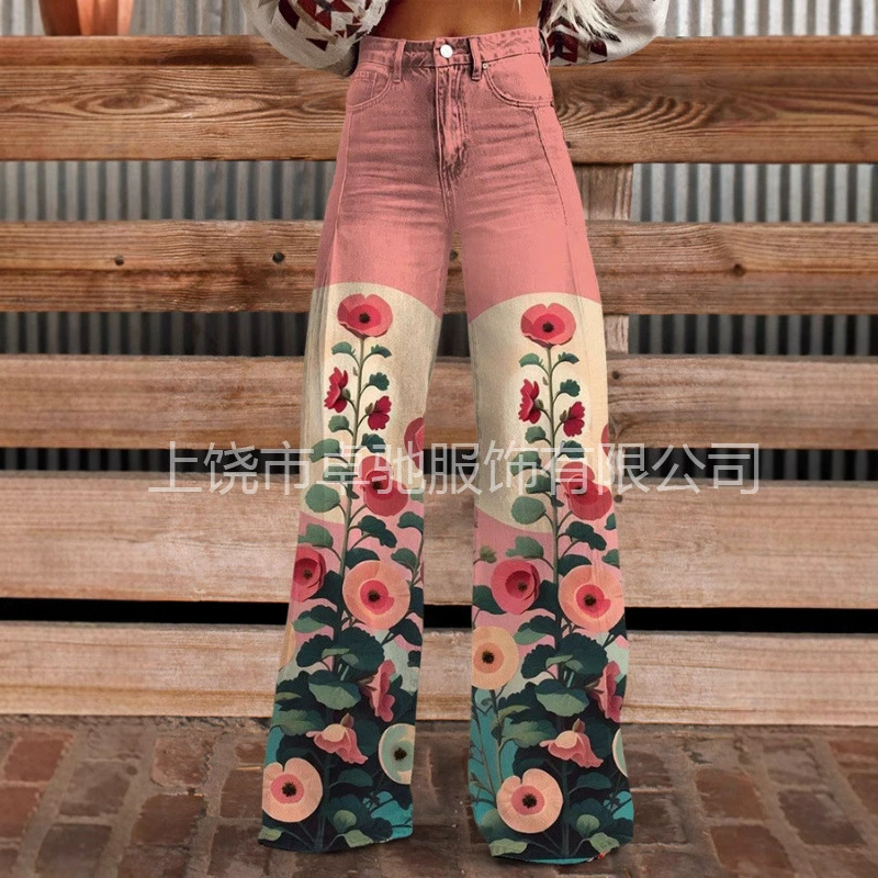 2025 Foreign Trade Трансграничная AliExpress Независимая станция Европа и США 3D цифровая печать большие размеры женские джинсы с широкими ножками