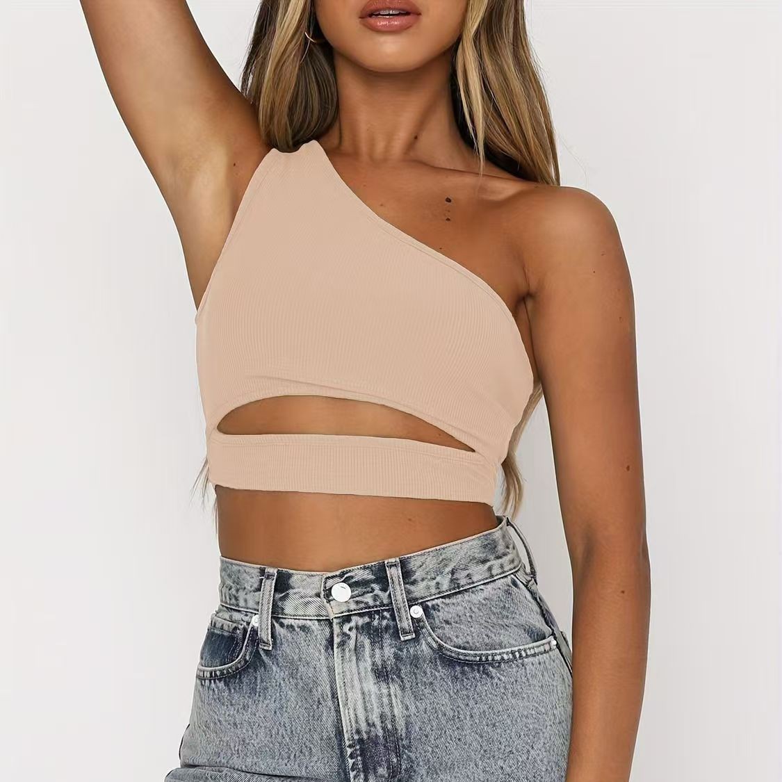 Europa y los Estados Unidos nuevos chalecos de punto casuales de color sólido de mujer sexy ultra corto de hombro inclinado chaleco pequeño de moda
