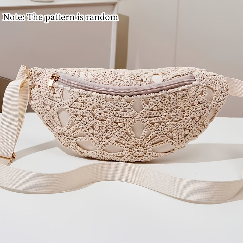 New Fashion Straw Woven Bag, Korean Style Single-Shoulder Crochet Hollow-Out Woven Bag, Vintage Casual Beach Floral Waist Bag