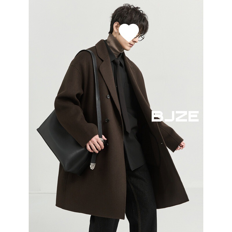 Men's Winter Sense Handmade Wool Double-Sided Woolen Coat Mid-length Men's Loose Korean Style Black Coat