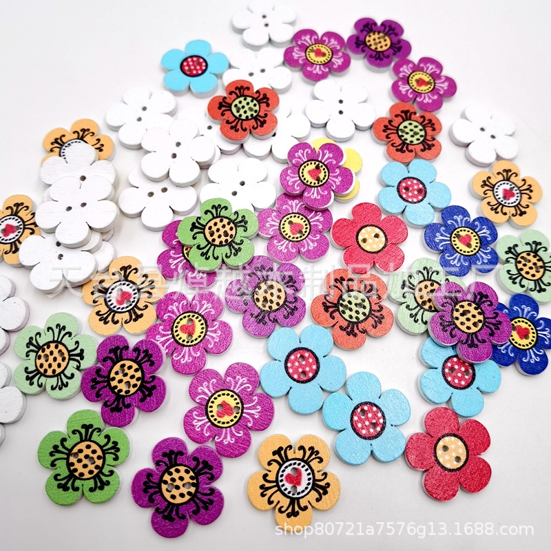 Suministro de botones de madera impresos con fondo blanco botones de flores impresos botones de ropa infantil decoración diy 50