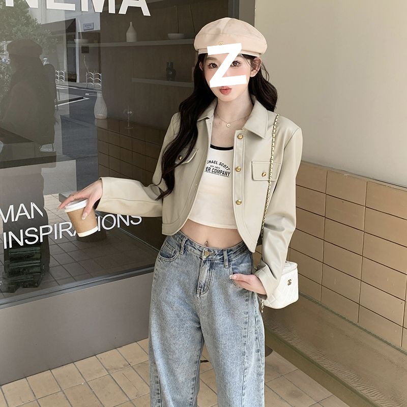 American-Style Women's Short Leather Jacket 2025 Spring and Autumn New Casual Versatile Design Biker Jacket Trendy Chenille