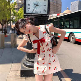 韩系甜美少女樱桃印花翻领连衣裙女夏季新款收腰显瘦超仙a字短裙