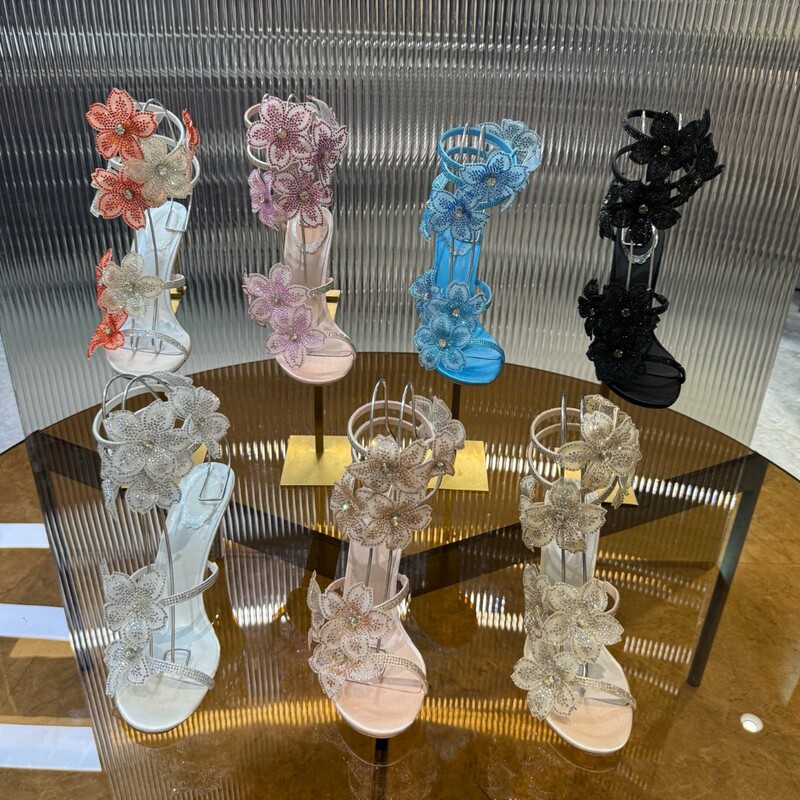 Spot 2025 Summer New High-Quality Fashionable Snake-Shaped Flower Diamond Accessories Mature Style High-Heeled Shoes for Women