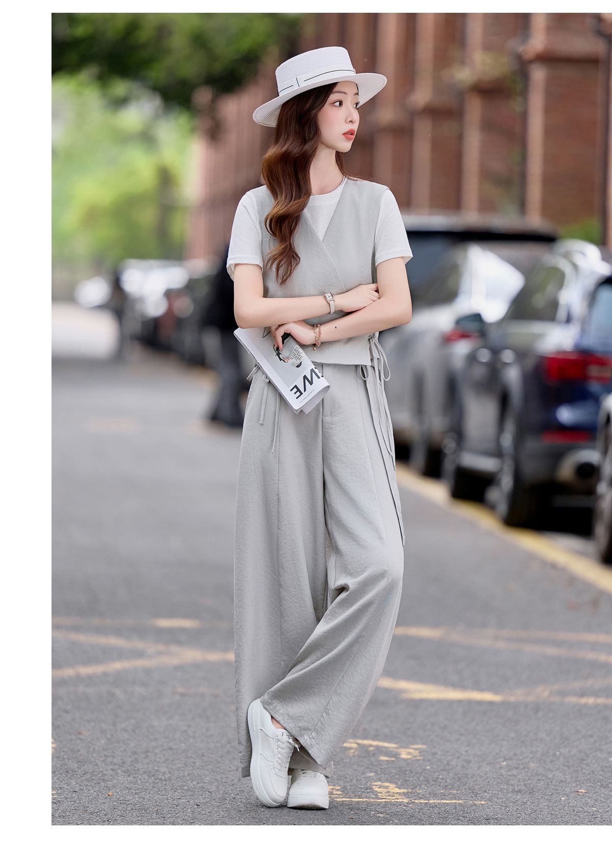 Bộ ba món mùa hè nữ gồm áo thun cổ tròn, áo vest cổ V và quần ống rộng — màu đen, màu xám chi tiết 19