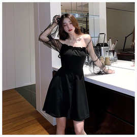 2025春夏新款气质网纱泡泡袖黑色裙子露肩收腰蓬蓬连衣裙女装