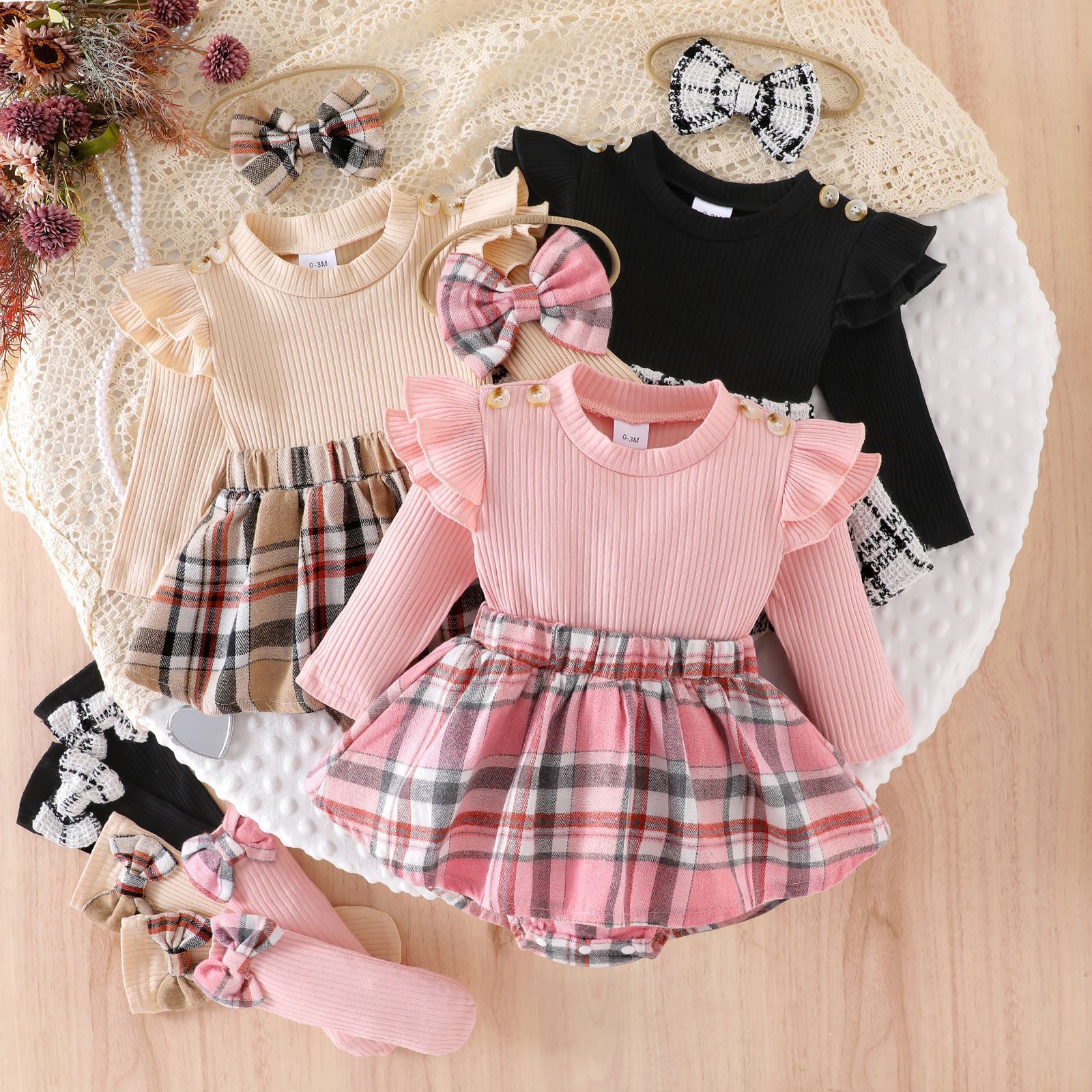 Foreign Trade Children's Clothing Cross-Border European and American Baby Autumn and Winter Long-Sleeved Splicing Plaid Three-Color Baggy Three-Piece Rompers