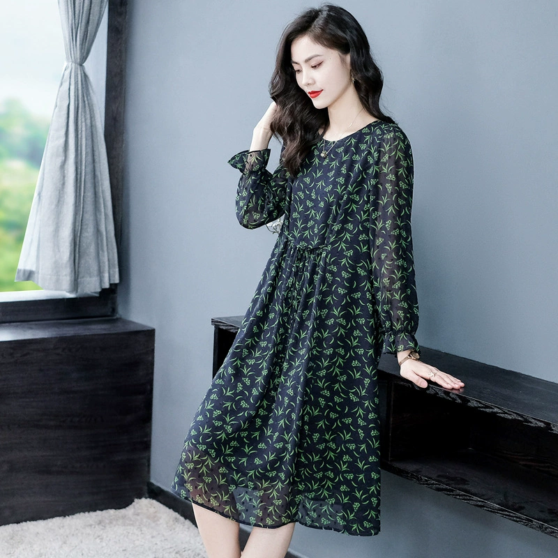 240 кг одежда больших размеров летнее шифоновое платье с длинными рукавами и свободной тонкой талией с цветочным принтом, одежда для полных женщин среднего возраста