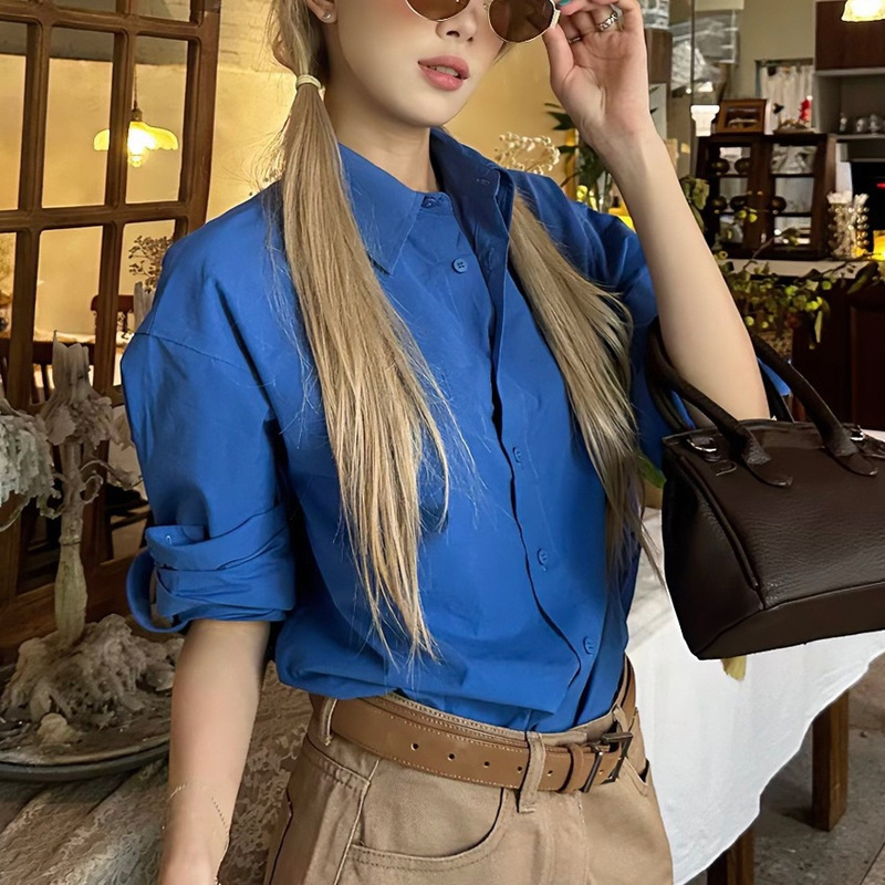 8uioio "Prussian Blue" Klein Blue Long Sleeve Shirt Female Korean Spring and Autumn Shirt Design Sense Top
