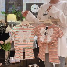 女童短袖t恤条纹蝴蝶结新款洋气夏季韩版套装女孩夏装衣服两件套