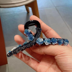 蓝色花海精致玫瑰花大号抓夹气质带钻后脑勺盘发夹百搭鲨鱼夹头饰