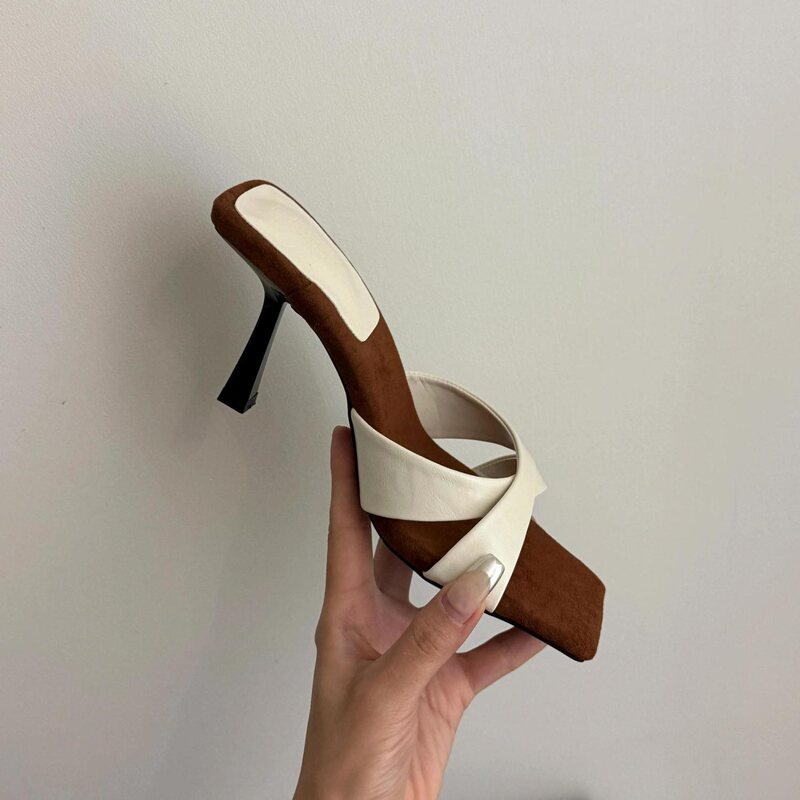 Socialite-Style Cross-Strap Open-Toe Square-Toe Slippers for Women, Perfect for Summer Wear, French-Style Stunning 7cm High-Heeled Stiletto Sandals