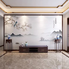 新中式水墨山水花鸟电视背景墙壁纸客厅沙发卧室床头影视墙布壁画