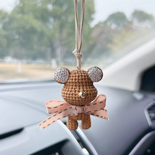 Gypsum Embroidered Diamond Fuzzy Bear Car Ornament Cute Plush Toy with Bow Tying, Car Interior Decoration Accessory Cute