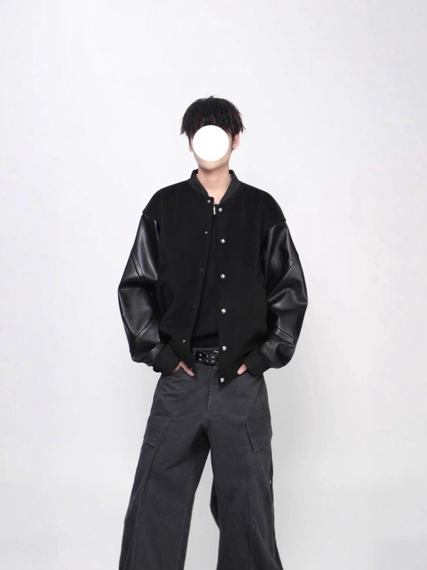 美式复古毛呢拼接PU皮棒球服外套男女潮牌设计感宽松休闲夹克上衣|undefined