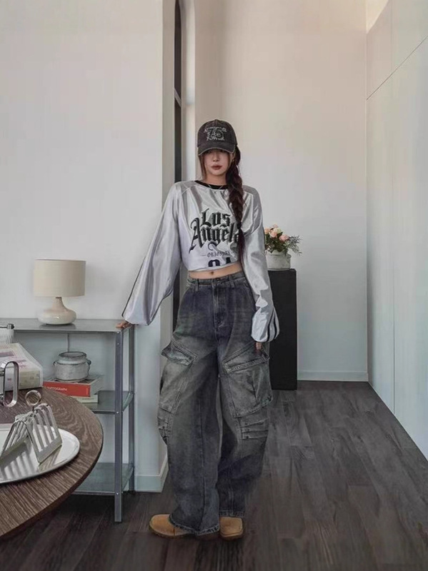 梵思羽复古蓝水洗重工工装裤牛仔裤女新款美式复古高腰直筒阔腿裤|undefined