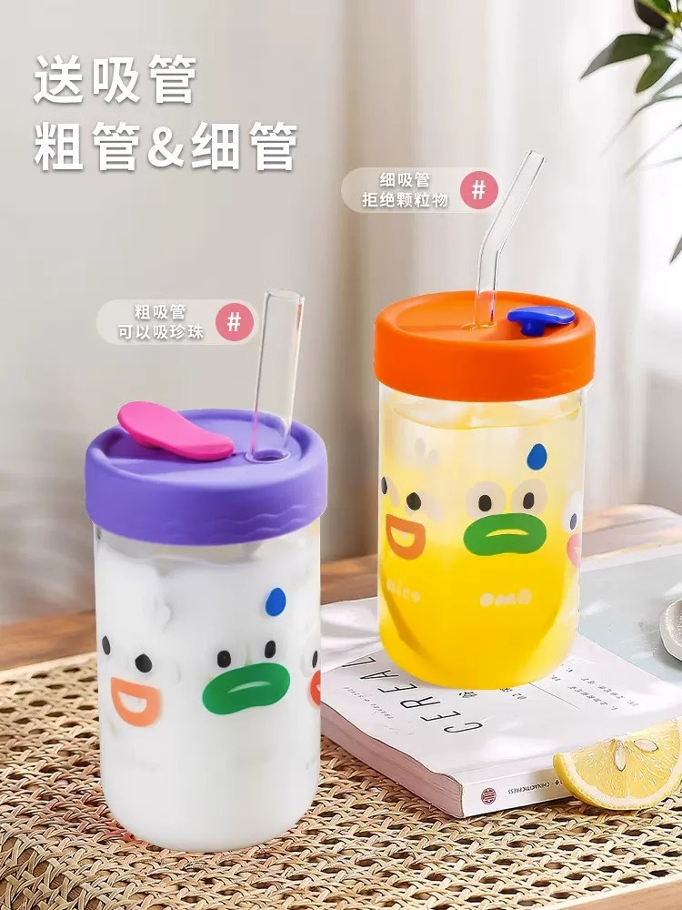 Glass Cup Straw Cup Women's Office Water Cup with Lid Milk Coffee Cup Large Capacity Drinking Cup Heat Resistant