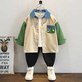 男童衬衫2025新款时髦宝宝早春痞帅上衣儿童春秋纯棉拼色长袖衬衫